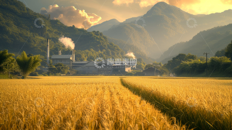 高清大图下载【趣麦麦图】黄昏下的金黄稻田