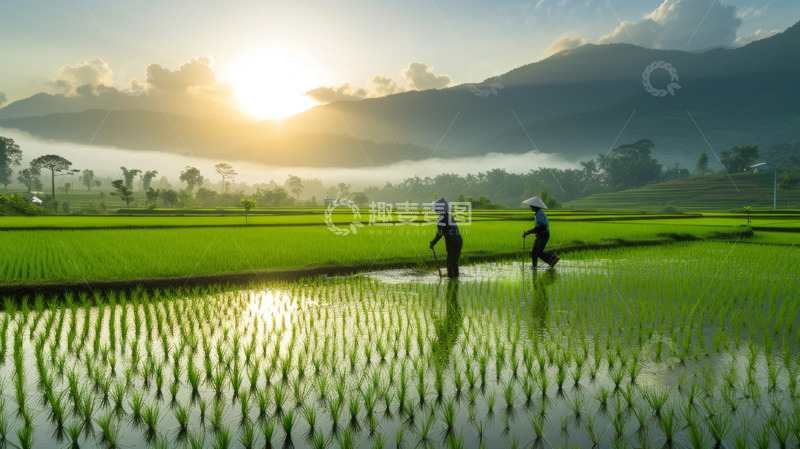高清大图下载【趣麦麦图】阳光下水稻田耕作