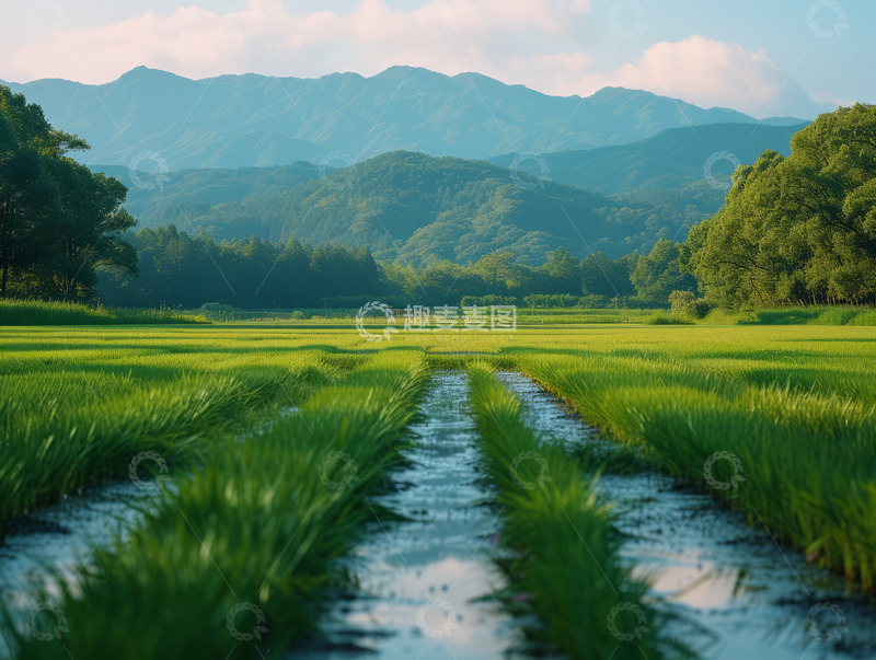 高清大图下载【趣麦麦图】山峰下的水稻田