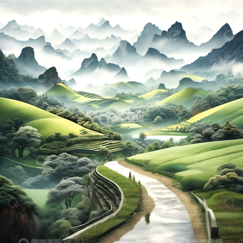 高清大图下载【趣麦麦图】田间小路云雾缭绕风景
