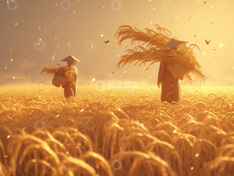 高清大图下载【趣麦麦图】劳动节麦田里劳作的农民