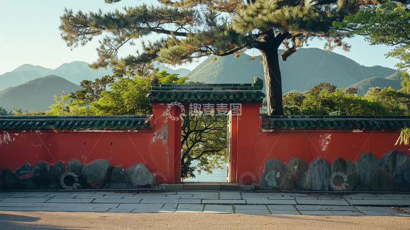 高清大图下载【趣麦麦图】中式建筑红墙植物唯美场景