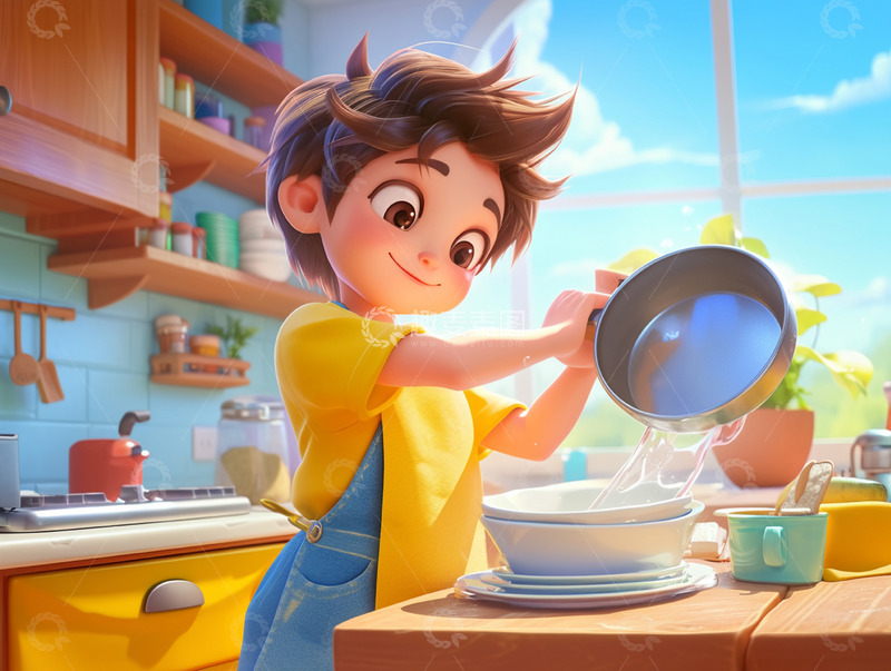 高清大图下载【趣麦麦图】五一劳动节洗碗的男孩