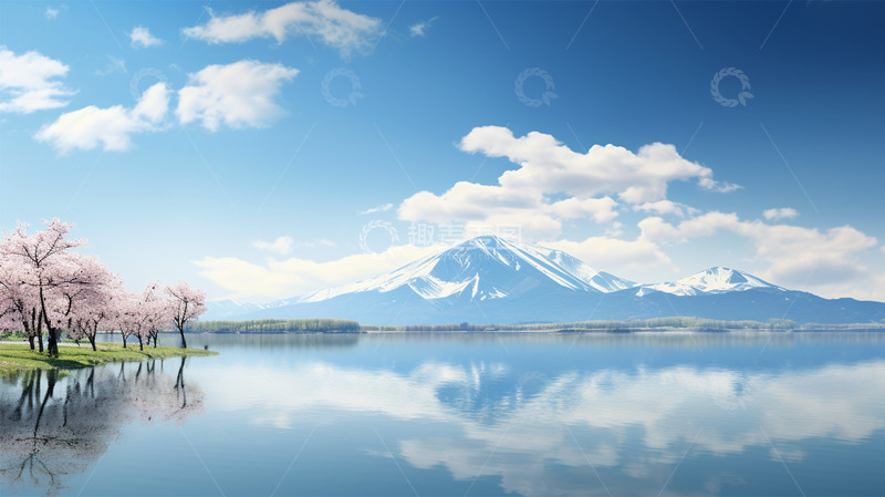 高清大图下载【趣麦麦图】蓝天白云雪山水面桃树桃花风景