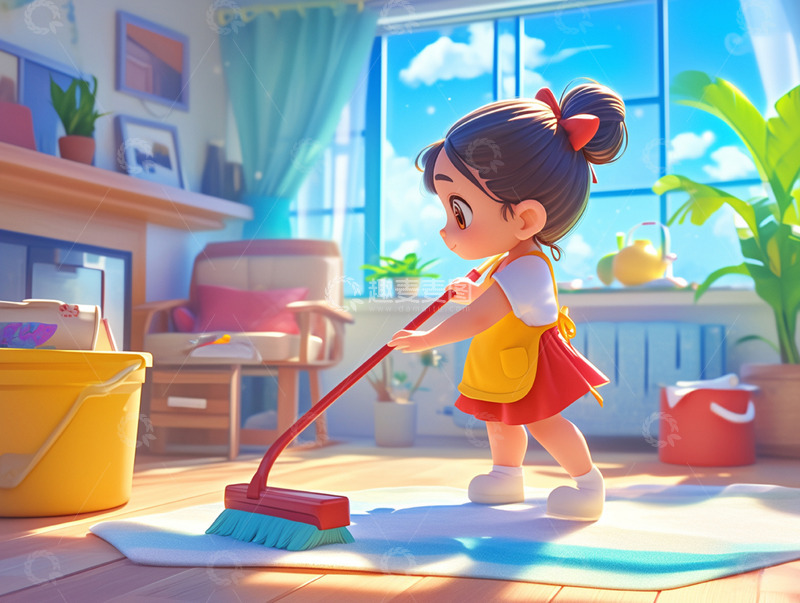 五一假期拖地的女孩