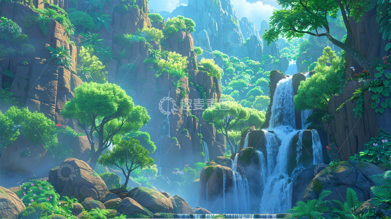 高清大图下载【趣麦麦图】山水瀑布绿色植物风景