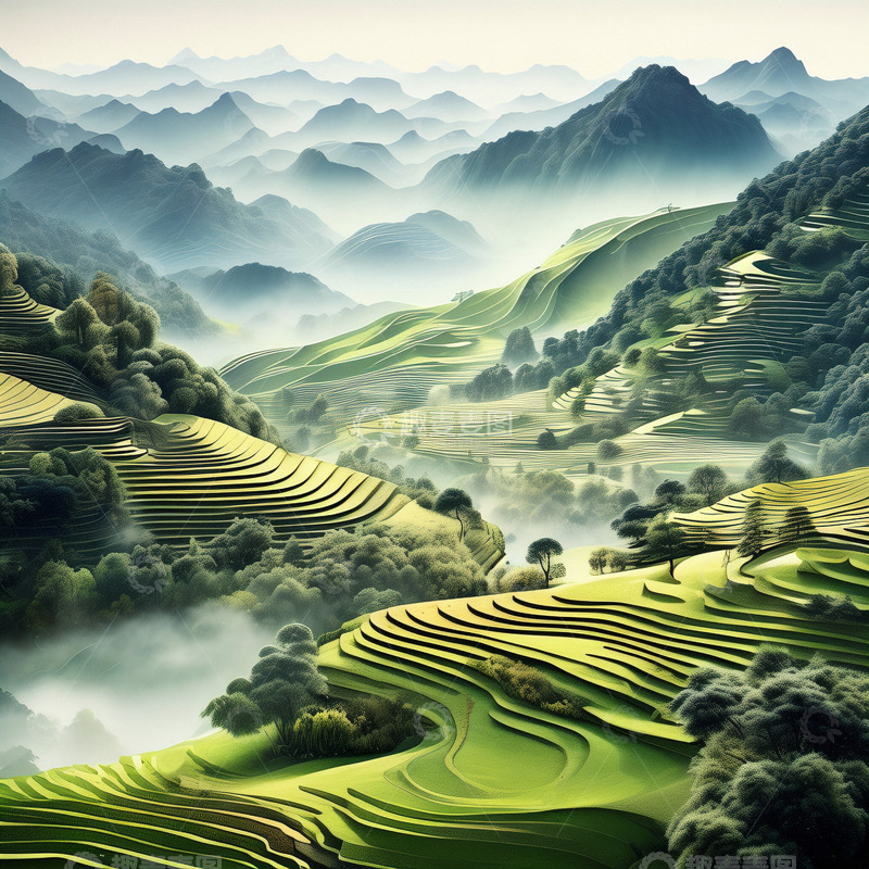 高清大图下载【趣麦麦图】谷雨时节绿色稻田梯田