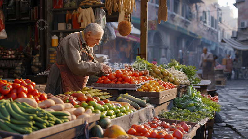 五一菜摊前的老人