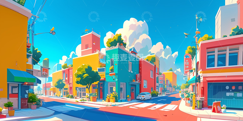 高清大图下载【趣麦麦图】春日卡通街道