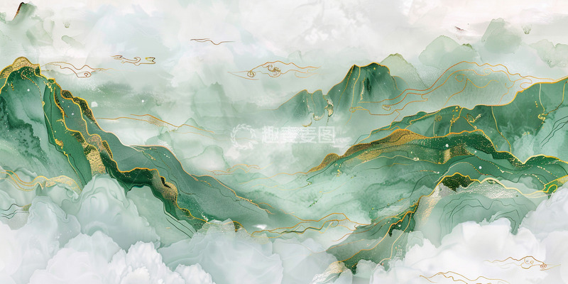 高清大图下载【趣麦麦图】绿色金边云雾山水