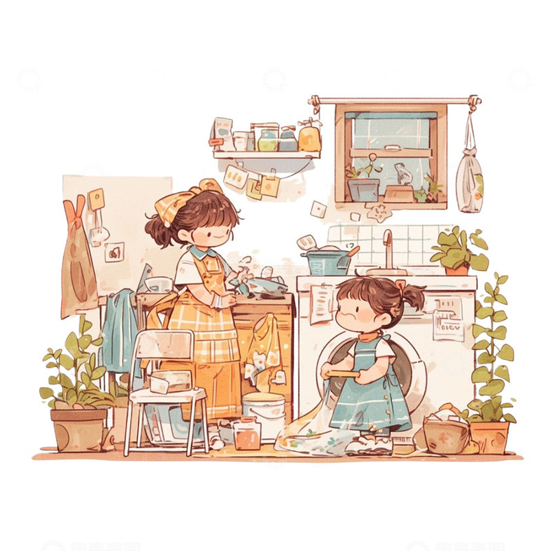 高清大图下载【趣麦麦图】劳动节帮忙做家务的女孩