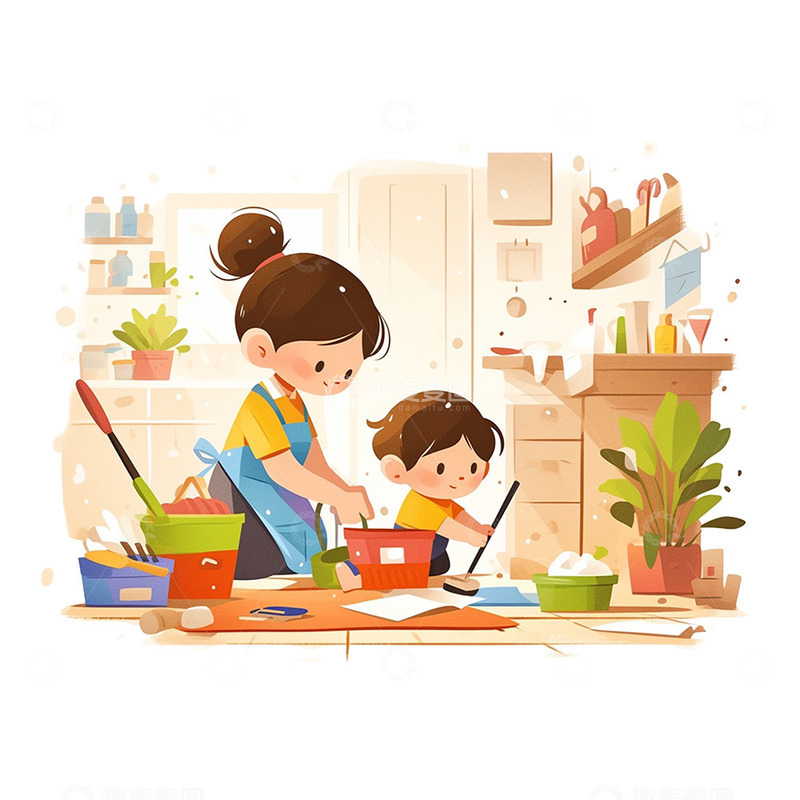 劳动节小孩做家务场景