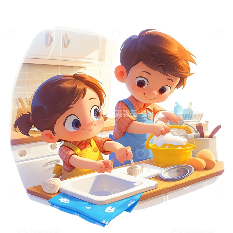 高清大图下载【趣麦麦图】五一洗碗的两个小孩