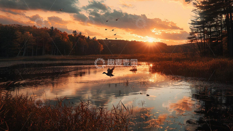 高清大图下载【趣麦麦图】日出公园飞鸟场景