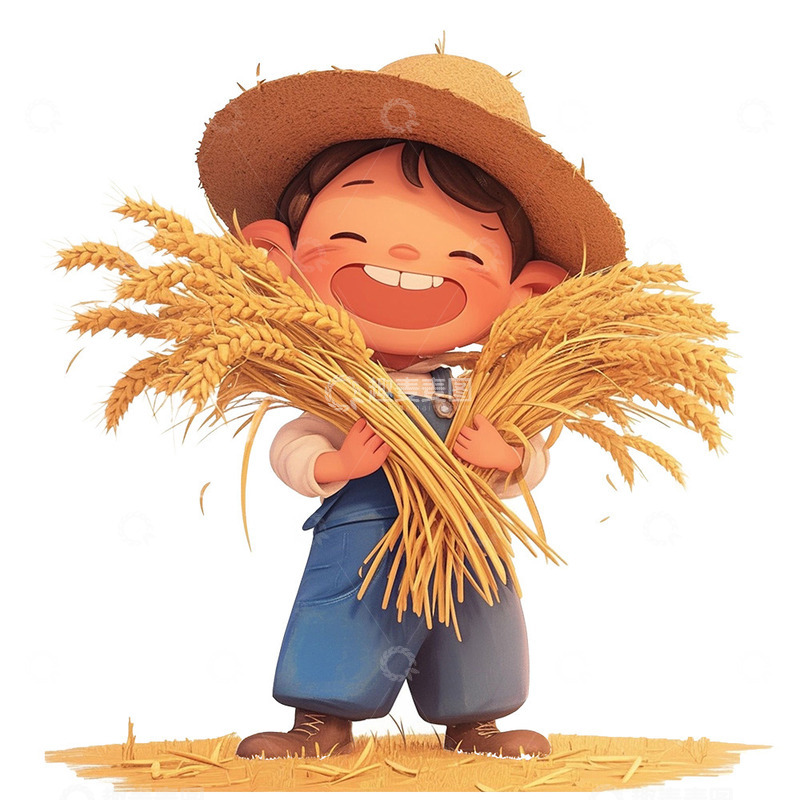 高清大图下载【趣麦麦图】五一劳动节抱着麦穗的男孩