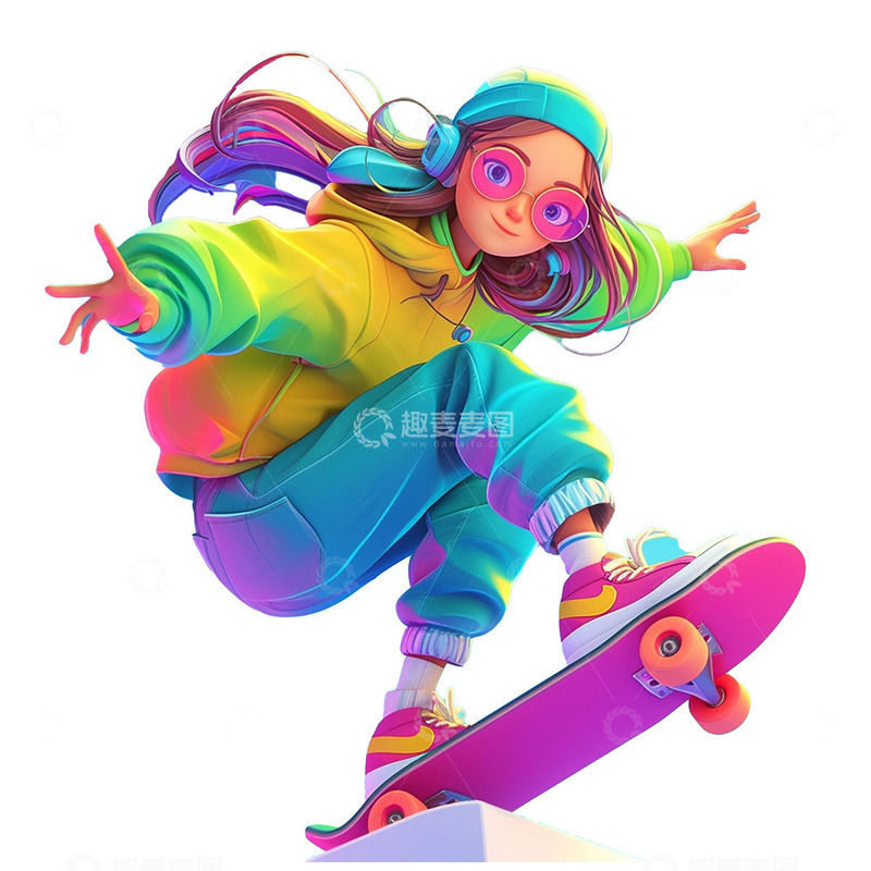 高清大图下载【趣麦麦图】卡通滑板少女