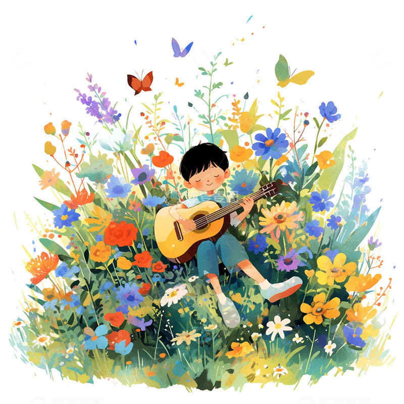 高清大图下载【趣麦麦图】坐在花丛中弹吉他的男孩