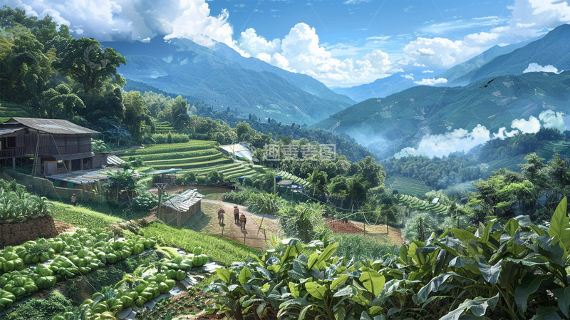 高清大图下载【趣麦麦图】梯田山间木屋农历劳作植物