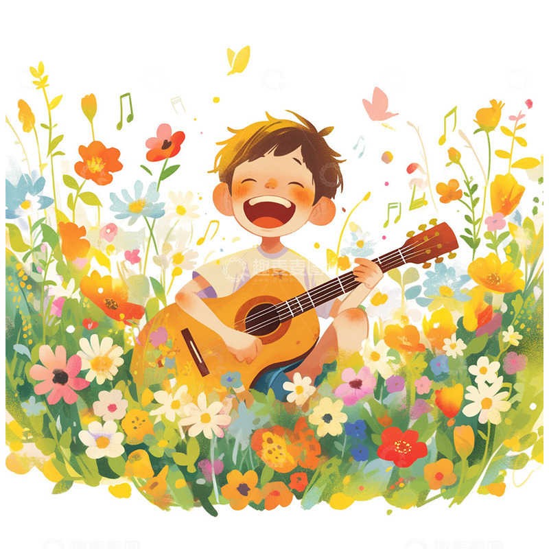 高清大图下载【趣麦麦图】青年男孩在花丛中弹吉他