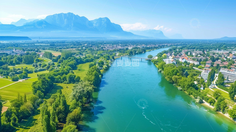 高清大图下载【趣麦麦图】山水河水桥绿色植物建筑场景