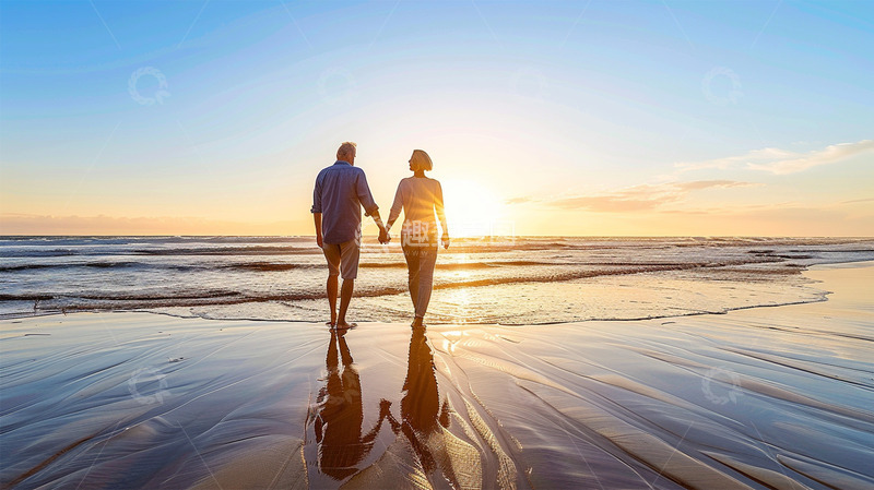 高清大图下载【趣麦麦图】海边情侣老年沙滩海浪太阳