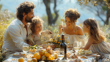 一家四口在室外野餐