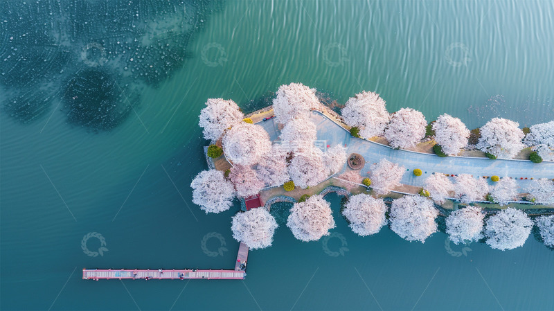 高清大图下载【趣麦麦图】湖水水面观景台桃花桃树唯美场景