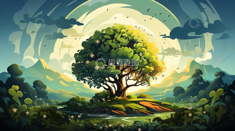 高清大图下载【趣麦麦图】森林日出古树绿色插画