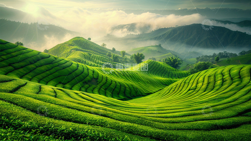 高清大图下载【趣麦麦图】绿色梯田云雾山峦植物场景