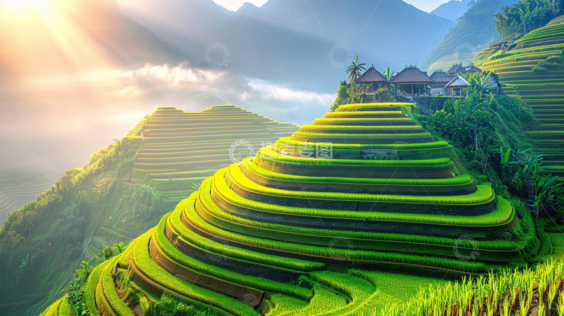高清大图下载【趣麦麦图】大山梯田房屋阳光美景植物
