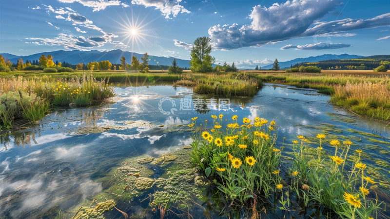 高清大图下载【趣麦麦图】风景阳光太阳河水植物鲜花蓝天白云