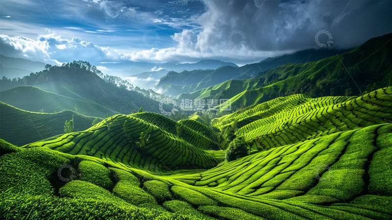 高清大图下载【趣麦麦图】绿色农田茶田山坡山峦风景场景