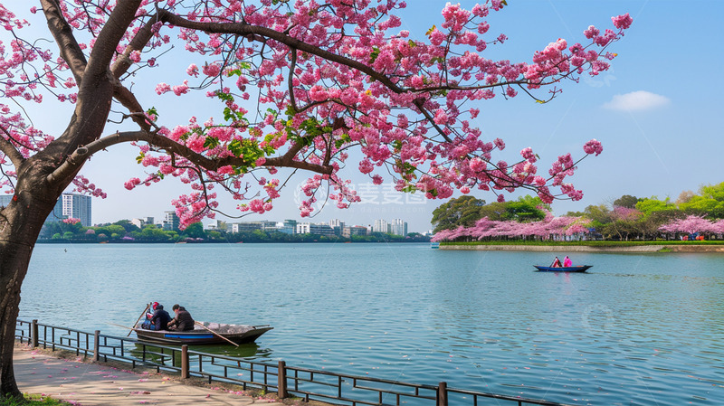 高清大图下载【趣麦麦图】蓝天白云湖水盛世建筑划船游玩