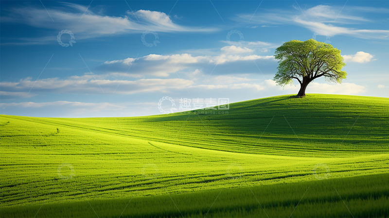 高清大图下载【趣麦麦图】绿色大树蓝天白云草地唯美场景