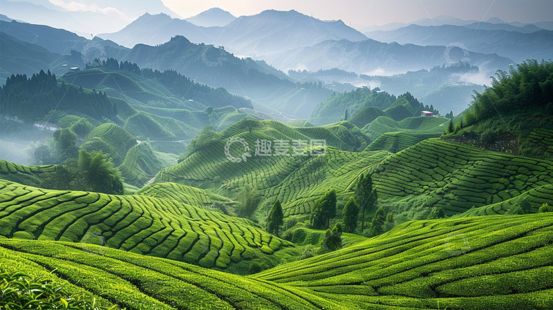 高清大图下载【趣麦麦图】茶田农田山峦绿色大树唯美场景