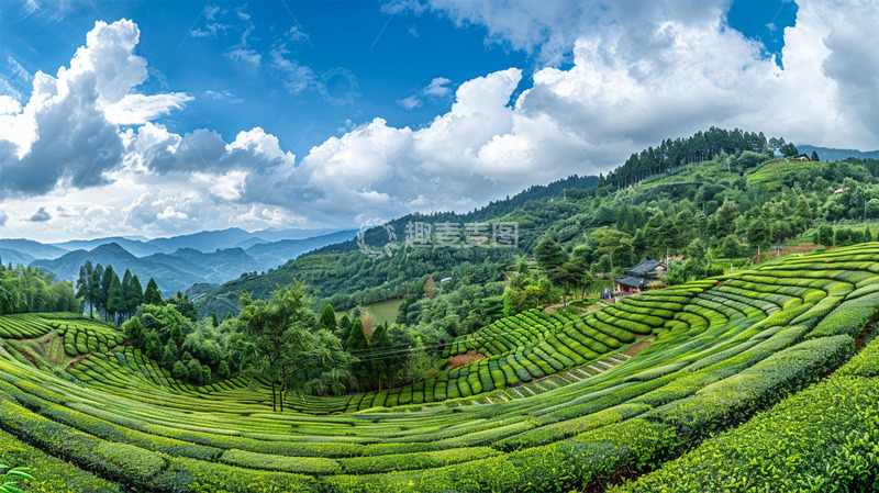 高清大图下载【趣麦麦图】茶田农田绿色广角拍摄蓝天白云