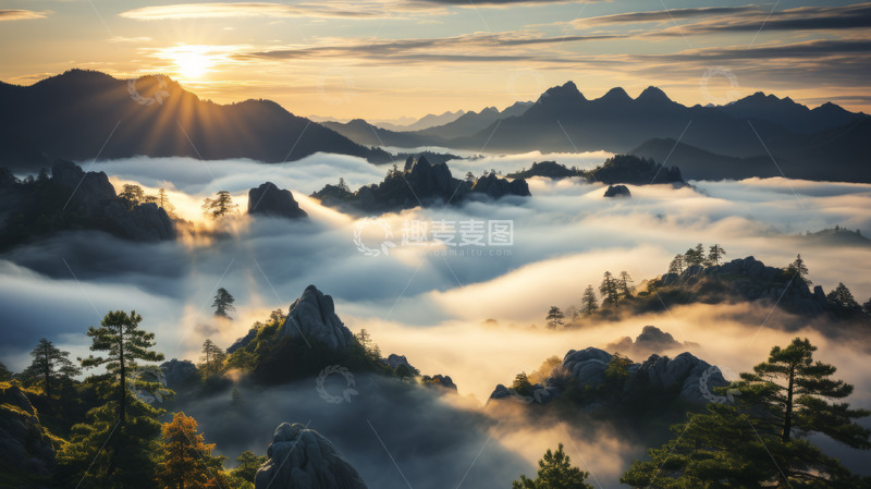 高清大图下载【趣麦麦图】阳光太阳金色山峰云雾场景