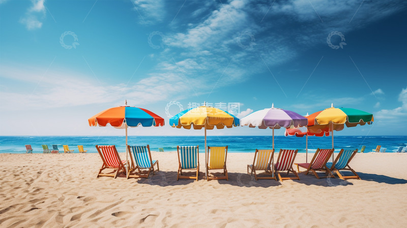 高清大图下载【趣麦麦图】海边沙滩躺椅遮阳伞唯美场景