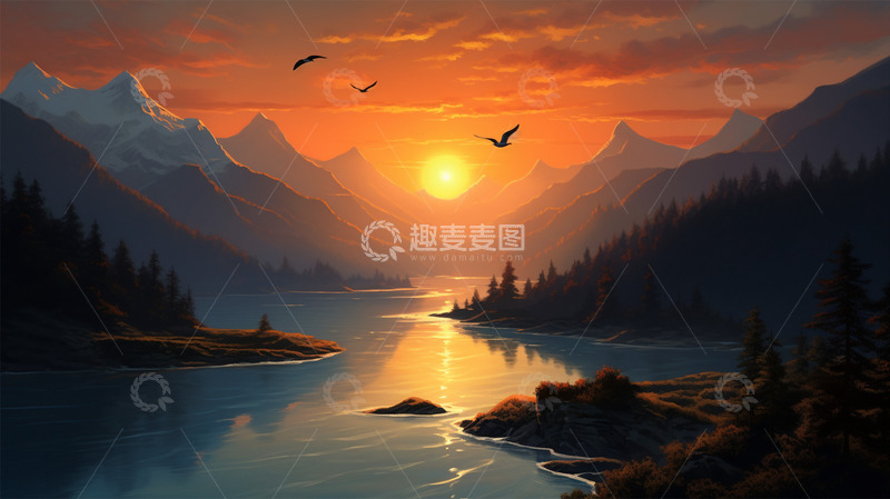 高清大图下载【趣麦麦图】河水河湾夕阳落日飞鸟植物唯美场景