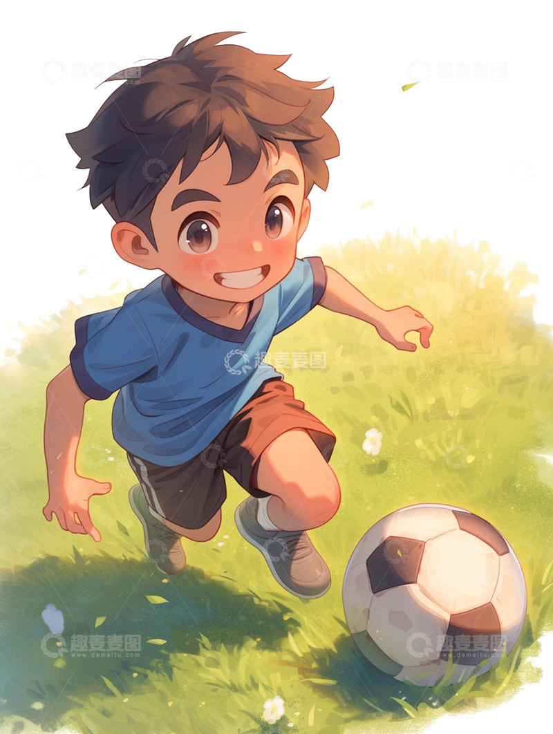高清大图下载【趣麦麦图】草坪上踢球的男孩