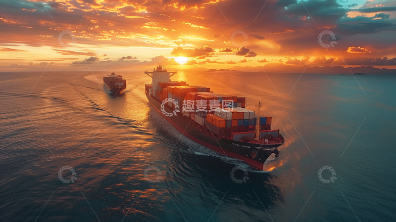 高清大图下载【趣麦麦图】夕阳下的轮船运输背景