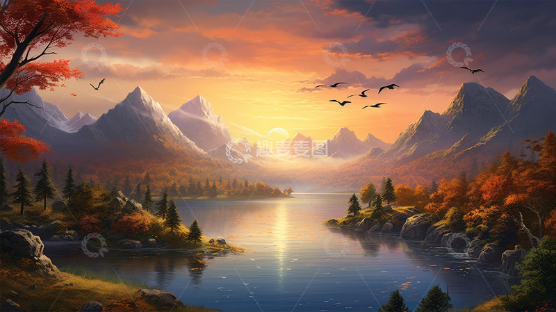 高清大图下载【趣麦麦图】落日暖色调太阳唯美场景河水水面植物