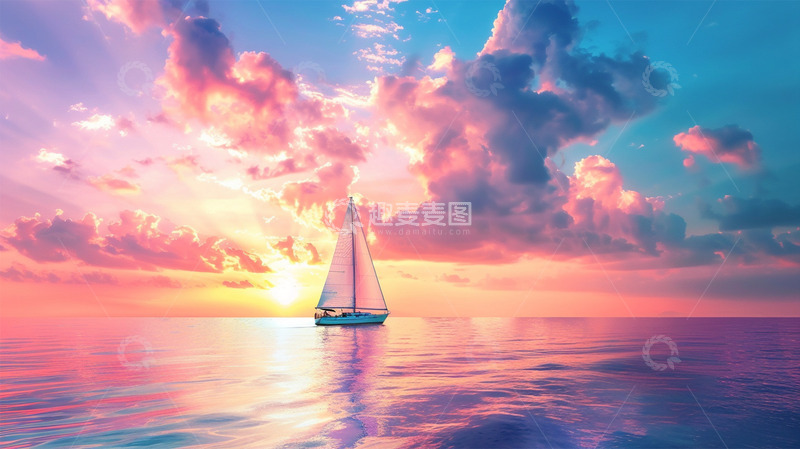 高清大图下载【趣麦麦图】粉色海面落日云朵唯美场景