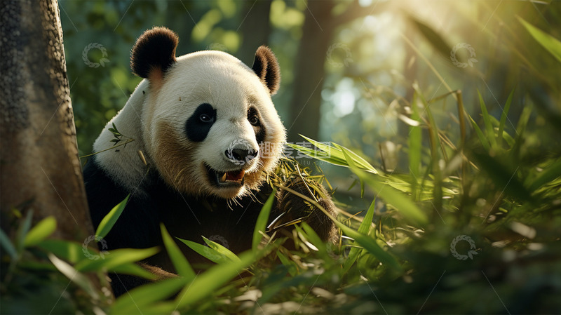 高清大图下载【趣麦麦图】熊猫竹子森林可爱阳光场景