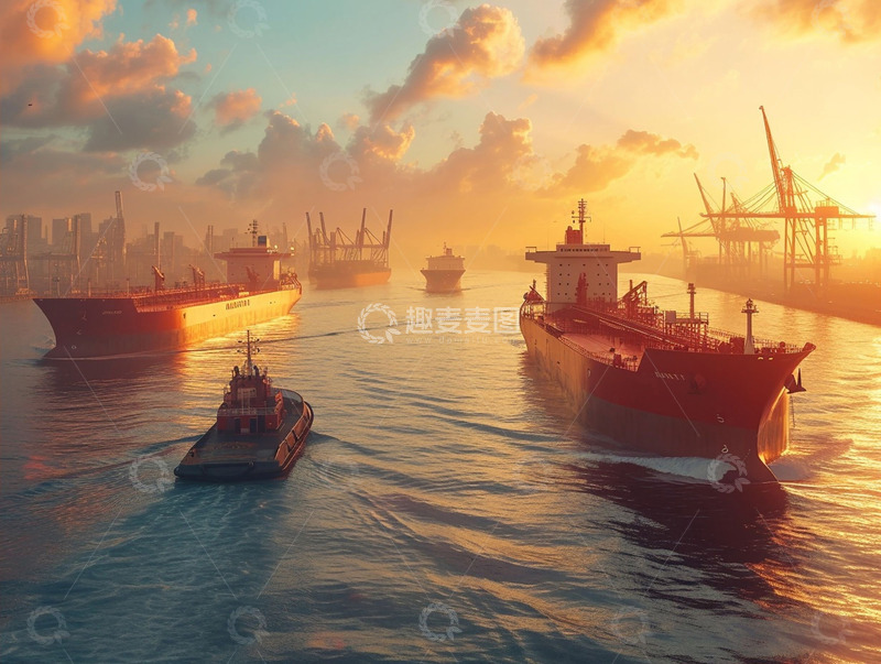 高清大图下载【趣麦麦图】夕阳下海上运输