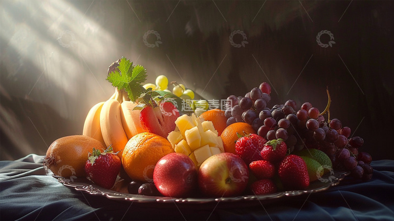 高清大图下载【趣麦麦图】阳光果盘葡萄草莓芒果香蕉唯美静物