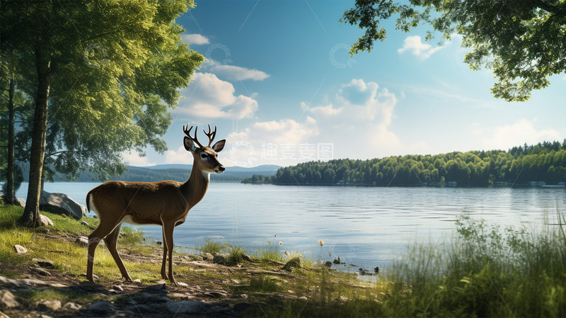 高清大图下载【趣麦麦图】河边鹿动物植物风景场景