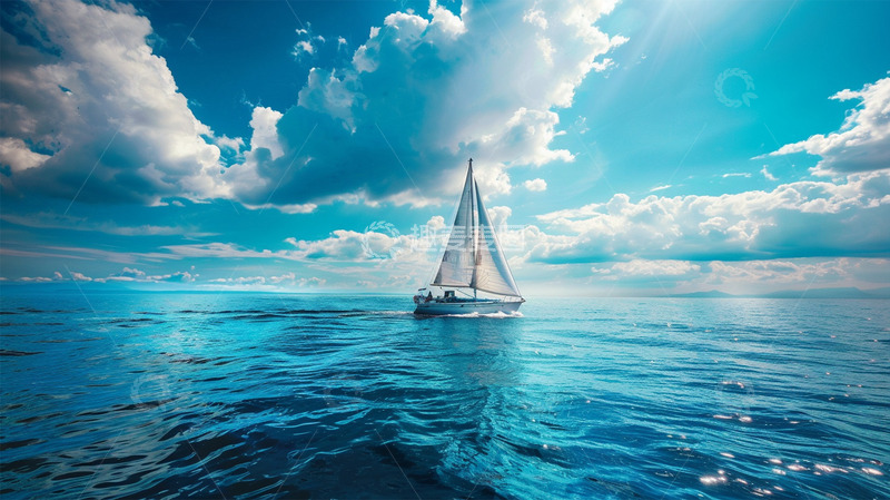 帆船蓝色大海蓝天白云阳光唯美场景