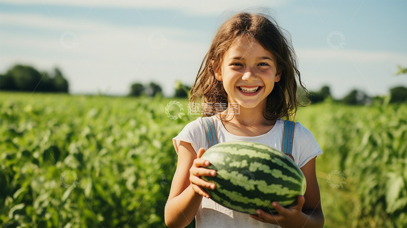 高清大图下载【趣麦麦图】小女孩西瓜微笑绿色唯美场景