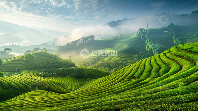 高清大图下载【趣麦麦图】梯田农田云雾山坡风景场景
